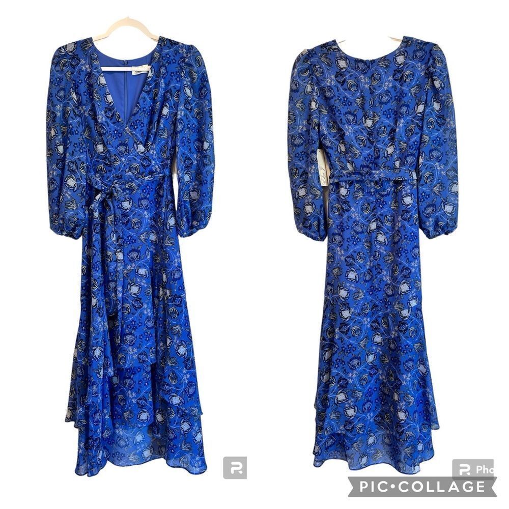 ELIZA J Floral Print Balloon Sleeve Ruffle Tiered Skirt Wrap Midi Dress - Picture 2 of 7